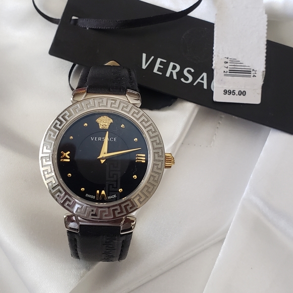Versace Daphnis Stainless Steel/ Gold Black Leather Band Watch $995 main image 11